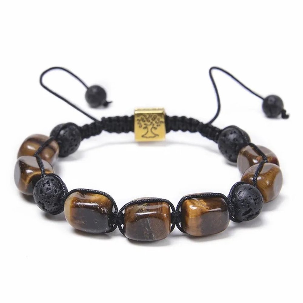 Unisex Brown Tiger's Eye & Lava Rock Beaded Adjustable Braided Rope Bracelet NEW